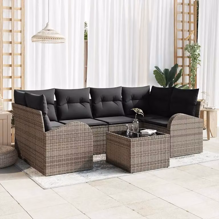 Set Divano da Giardino vidaXL 7 pz in Polyrattan Grigio con Cuscini e Tavolino da Esterno