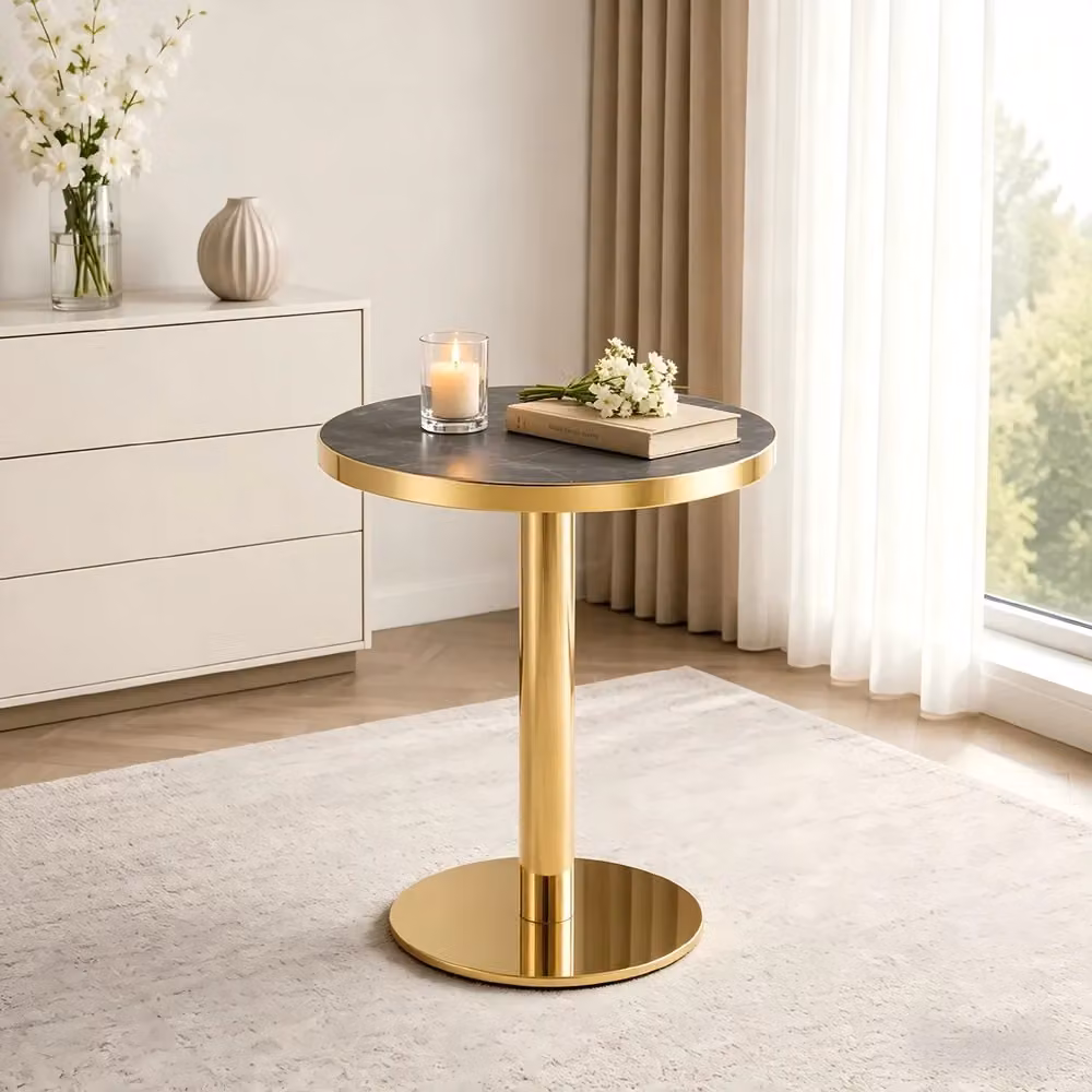 Tavolino Rotondo da Salotto Minimal con Piano Effetto Marmo Grigio e Struttura in Acciaio Dorato L: 59,5 cm, P: 59,5 cm, H: 73,5 cm – 2