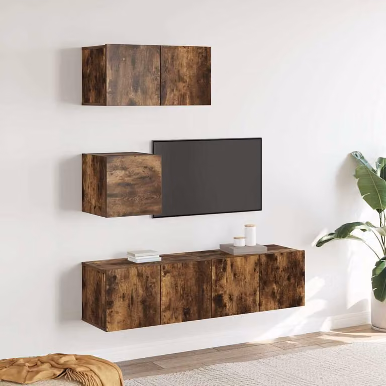 Set di mobili porta TV vidaXL 4 pezzi in legno Rovere Fumo marrone per soggiorno con montaggio a parete