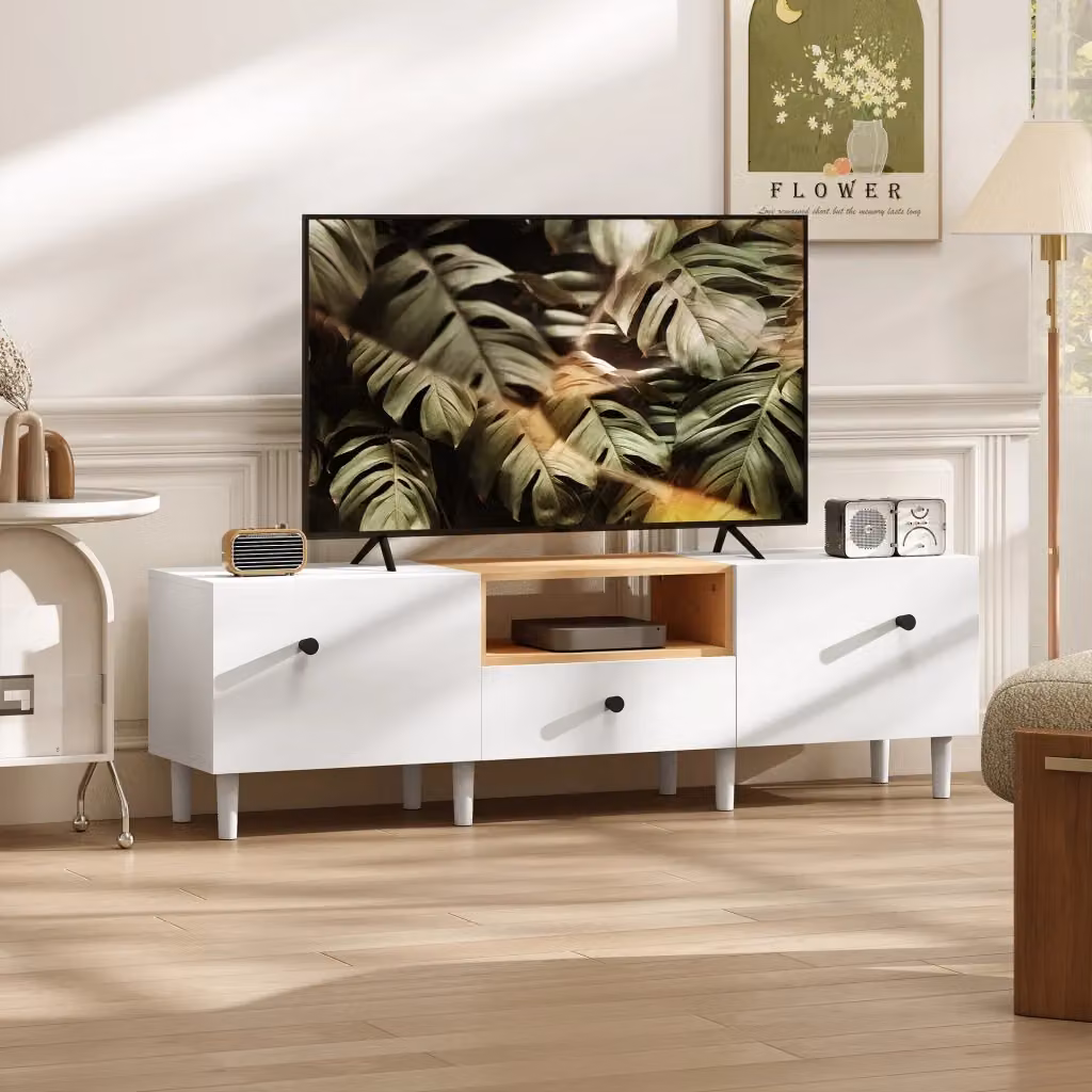 Mobile TV Giordanoshop per schermi fino a 70 pollici con 2 ante a ribalta, cassetto e scaffale aperto, Bianco e Legno, L 150 cm x P 35 cm x H 45 cm – 2