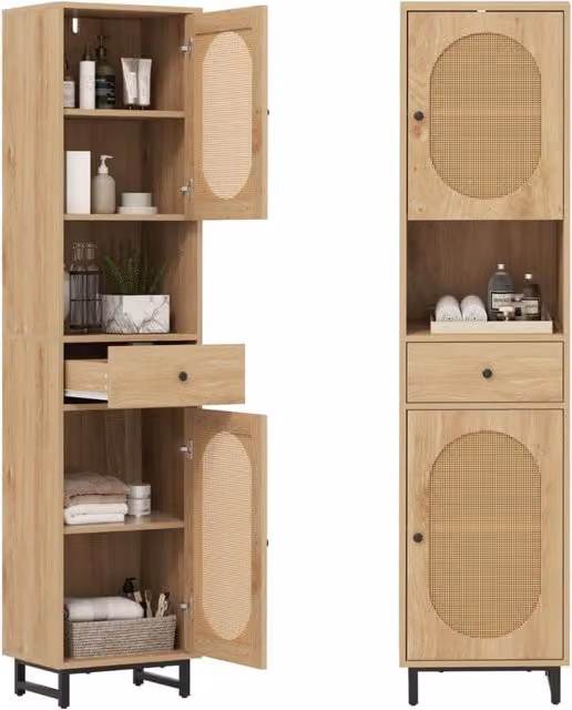 Mobiletto alto da bagno moderno in legno e rattan naturale color beige con ante a battente e ripiani interni H: 170 cm, L: 40 cm, P: 30 cm
