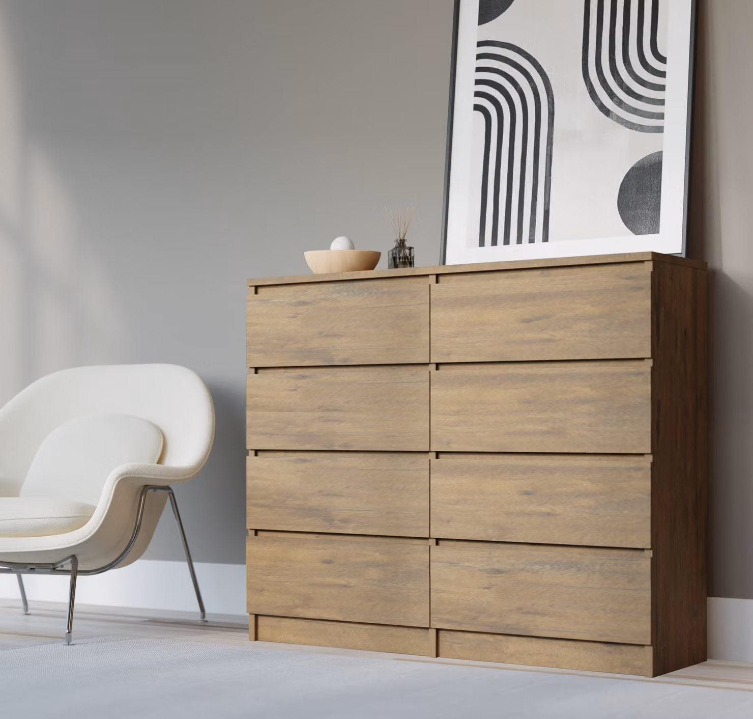 Comodino con 8 cassetti, dimensioni 120 cm, colore: rovere Lancelot, altezza: 102 cm, larghezza: 120 cm
