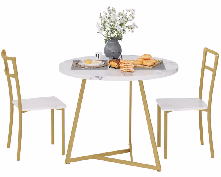 Set da pranzo rotondo da 3 pezzi - Tavolo da pranzo con 2 sedie - Mobili da cucina salvaspazio per appartamenti di piccole dimensioni - Struttura in metallo - Piano in legno - Colore oro
