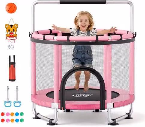 VEVOR Trampolino Elastico per Bambini 142 cm Carico 60 kg Rete Protezione, Giocattolo per Divertimento Esercizio Bambini da Interno Esterno Barra Regolabile, Trampolino Uso Domestico, Colore Rosa