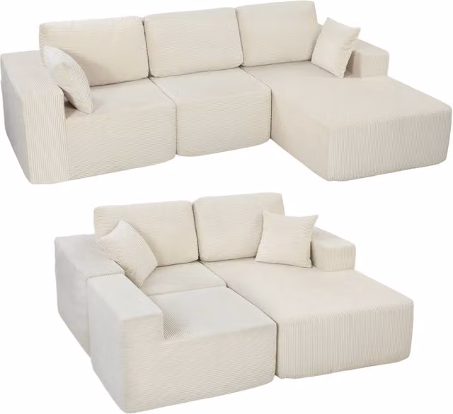 Divano angolare modulabile 2 in 1 Xylo in velluto beige con funzione letto per 3 persone, L/P/H: 267 x 168 x 85 cm