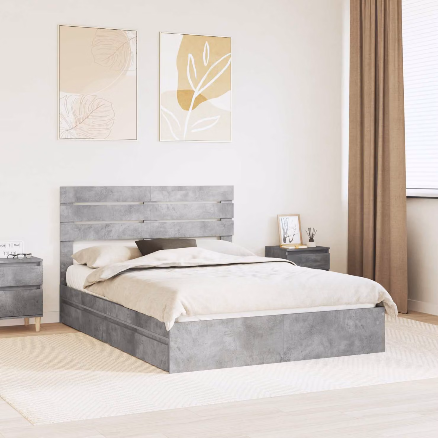 Letto con contenitore e cassetto vidaXL in grigio cemento L/P/H: 150 x 200 x 100 cm