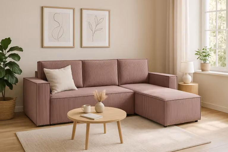 Divano angolare GUTTO CORDA ROSA in tessuto a coste con funzione sleep - design moderno in colori di tendenza