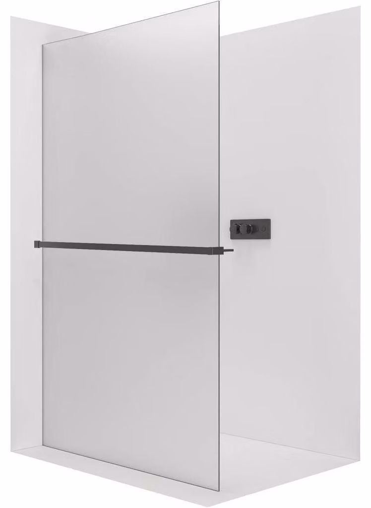 CERANO - Box doccia Walk-in Crystal L/P - 8 mm + mensola/portasciugamani - sistema senza montanti - nero opaco, vetro smerigliato - 80x200 cm