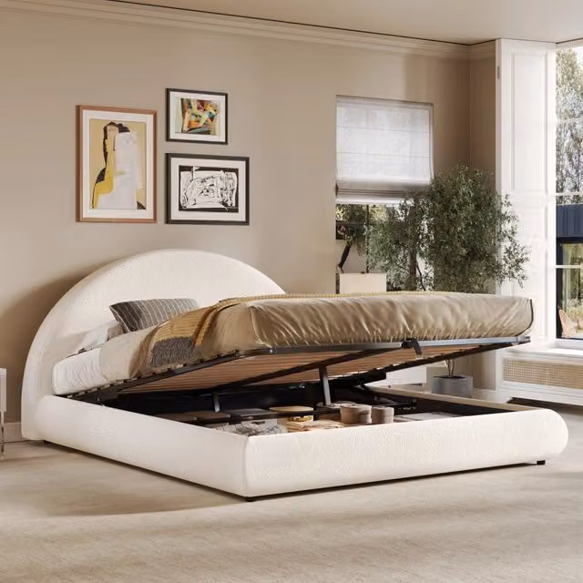 Letto imbottito matrimoniale contenitore ¨C Minimal ¨C Bianco boucl¨¦ rete a doghe 180x200cm idraulico
