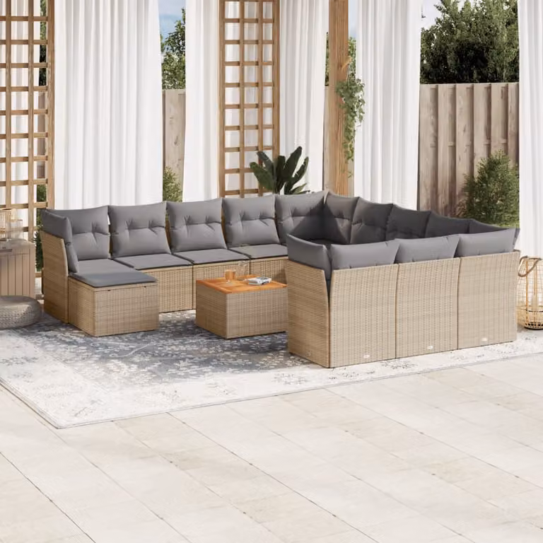vidaXL Set Divano da Giardino 13 pz a Forma di L in Polyrattan con Cuscini Beige e Grigio