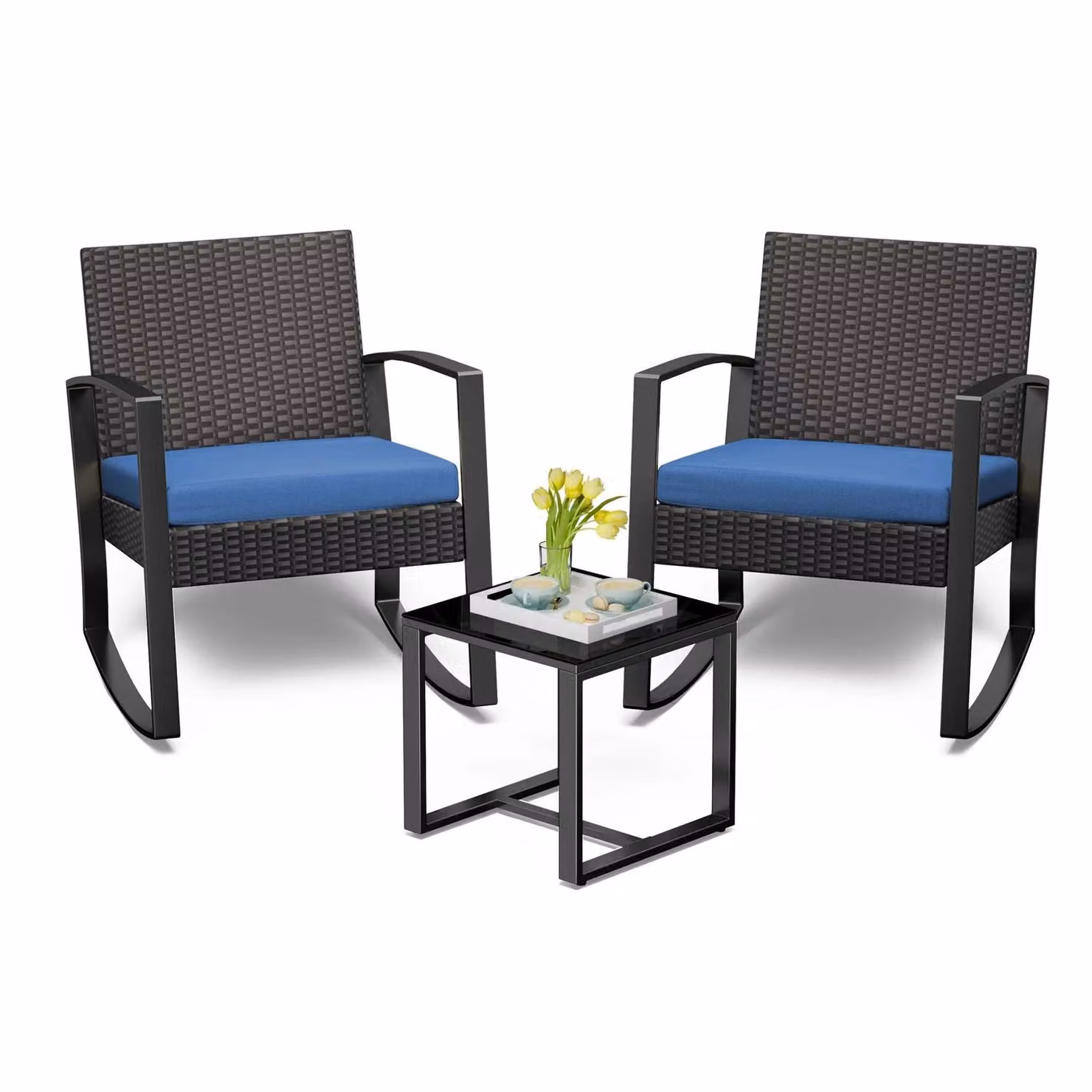 Set di mobili da giardino BEALIFE WR210, composto da 3 pezzi, realizzato in rattan di polietilene | Con cuscini rimovibili di colore blu | Ideale per giardino e terrazza