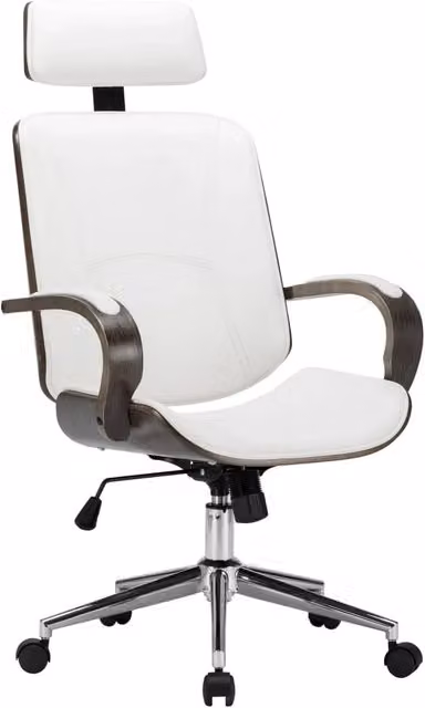 Sedia da ufficio ergonomica HELLOSHOP26 in ecopelle grigia con poggiatesta e dettagli in legno bianco