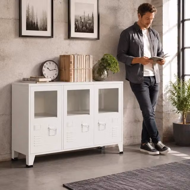 Industrial Sideboard White 105x35x62 Cm Metal And Glass