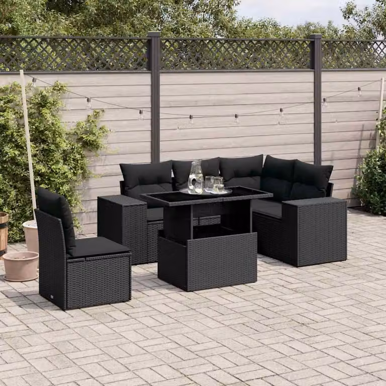 Set Divano da Giardino a L vidaXL in Polyrattan Nero con 6 Cuscini e Tavolino da Esterno