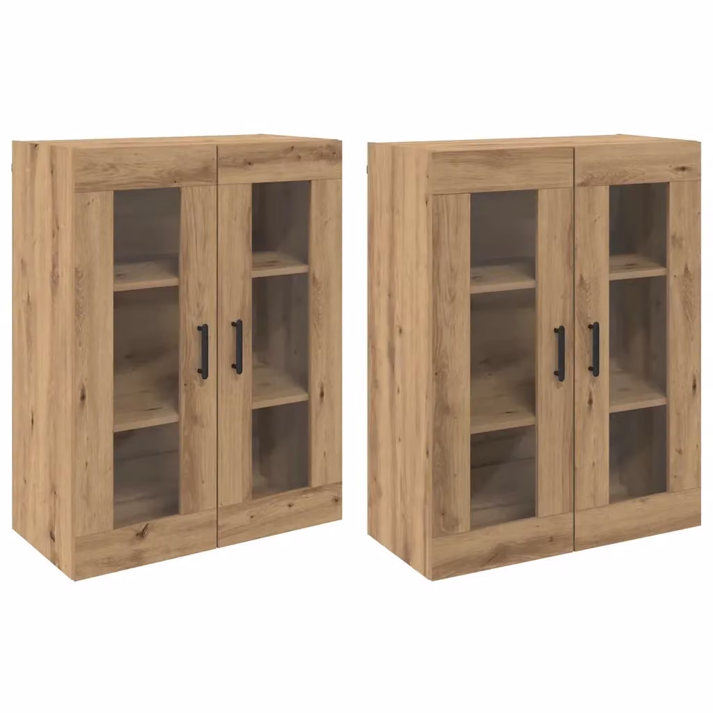 Set di 2 armadi da muro vidaXL in rovere marrone con ante in vetro e ripiani interni, L: 69,5 cm, P: 34 cm, H: 90 cm – 2