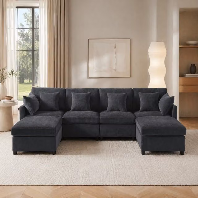 Divano Modulare REDOM Convertibile in U o L in Chenille Grigio con 2 Pouf e 6 Cuscini L: 278 cm, P: 161 cm, H: 81 cm