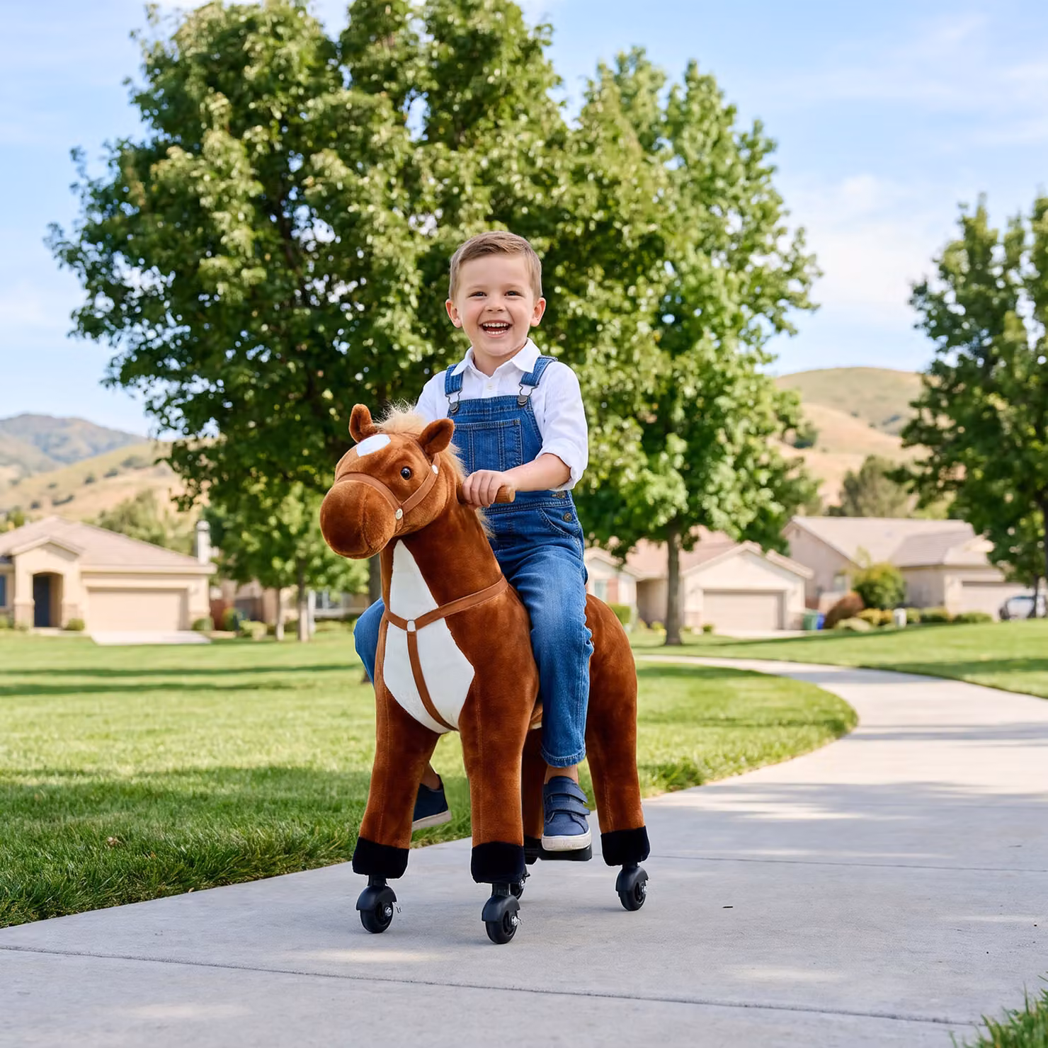 Cavallo giocattolo cavalcabile HOMCOM per bambini con suoni, peluche marrone, L: 65 cm, P: 28 cm, H: 75 cm – 2