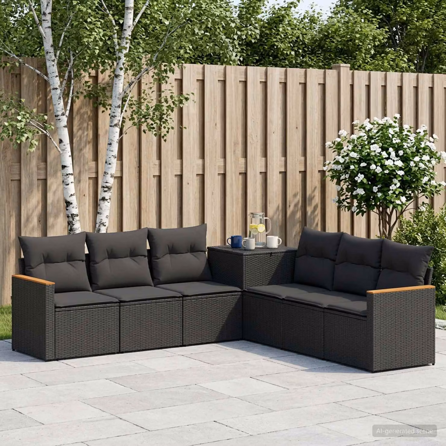 Set di divani da giardino vidaXL a forma di L composto da 7 pezzi, colore nero, in rattan sintetico e acciaio verniciato a polvere con cuscini inclusi