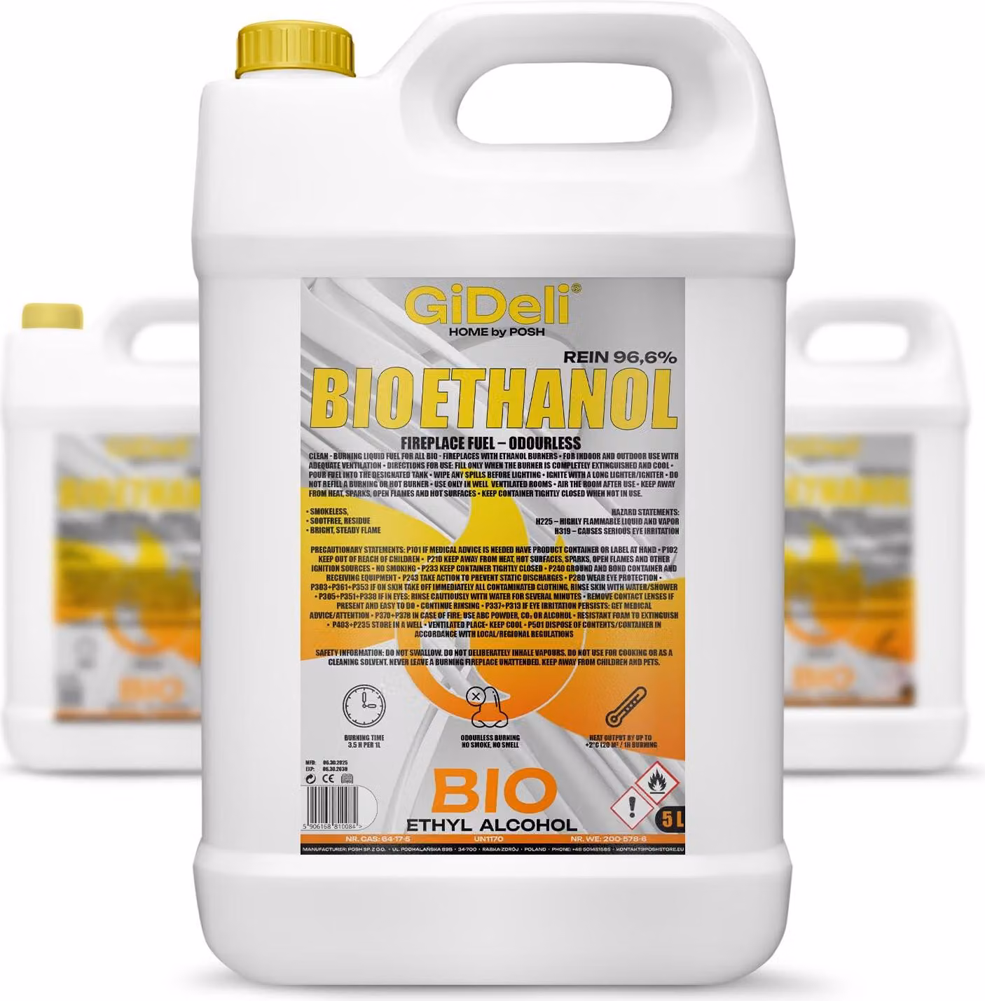 Bioetanolo inodore 96,6% 15L per caminetti universali senza fumo e senza fuliggine GiDeli