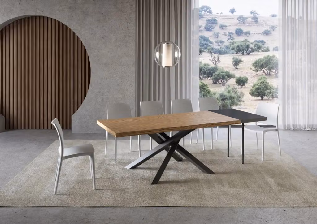 Tavolo allungabile moderno Bs Com in rovere scortecciato con gambe in metallo antracite L: 90-250 cm, P: 90 cm, H: 75 cm – 2