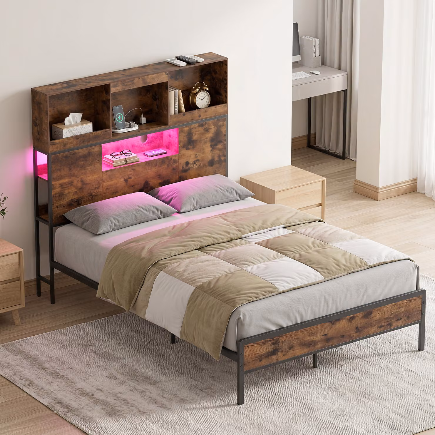 Letto matrimoniale industriale Costway in metallo marrone con luci LED, porta USB e testiera contenitore con rete a doghe