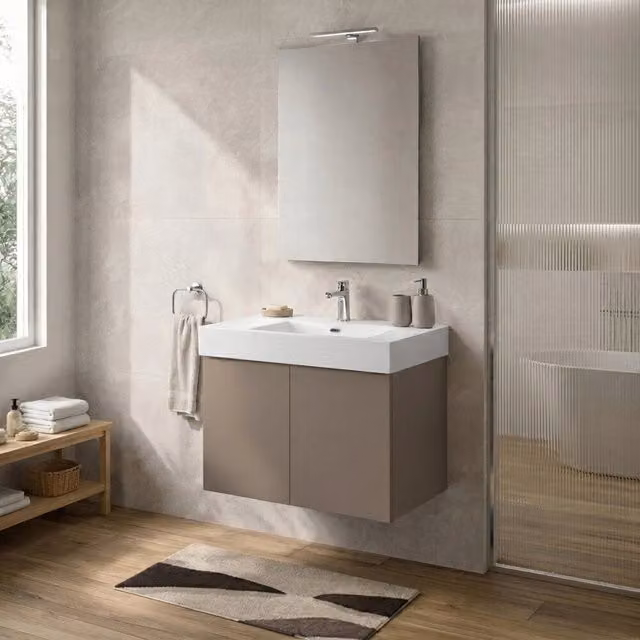 Mobile bagno sospeso Tierra INBAGNO beige con due ante e lavabo in resina L: 70 cm, P: 50 cm, H: 45 cm
