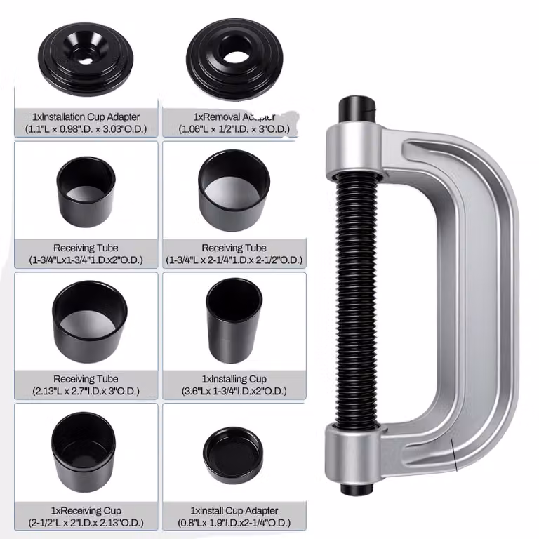Kit per la pressatura delle giunzioni sferiche, realizzato in acciaio forgiato ad alta resistenza, custodia in tessuto 28 cm x 8 cm x 38 cm, compatibile con trazione 2WD e 4WD, include adattatore per 4WD, set di 10 utensili