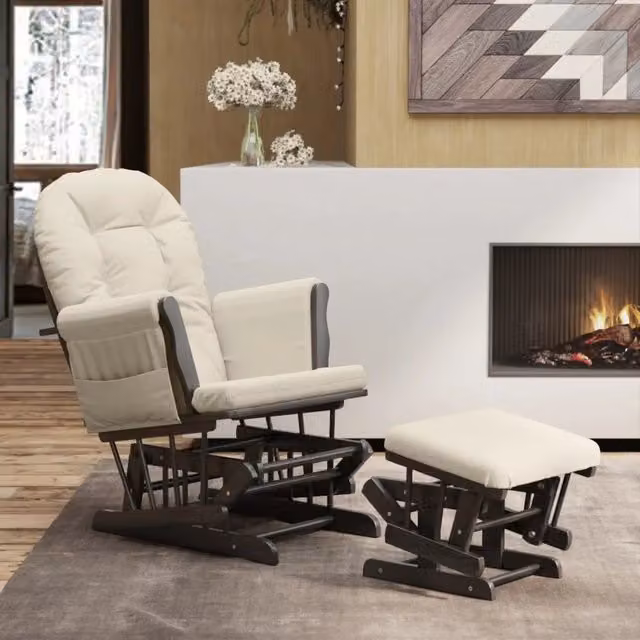 Poltrona Glider con Sgabello-Sedia a dondolo Bianco Crema in Tessuto 819047