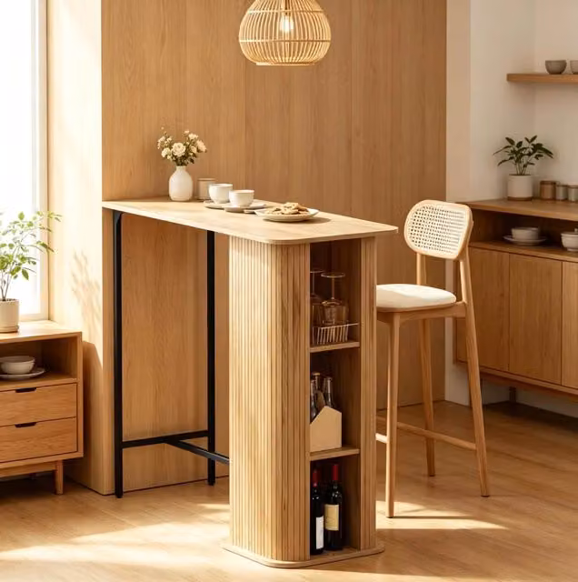 Tavolo bar ULEVR 112x50x106 cm con 3 ripiani aperti e piedini regolabili, rovere naturale e nero