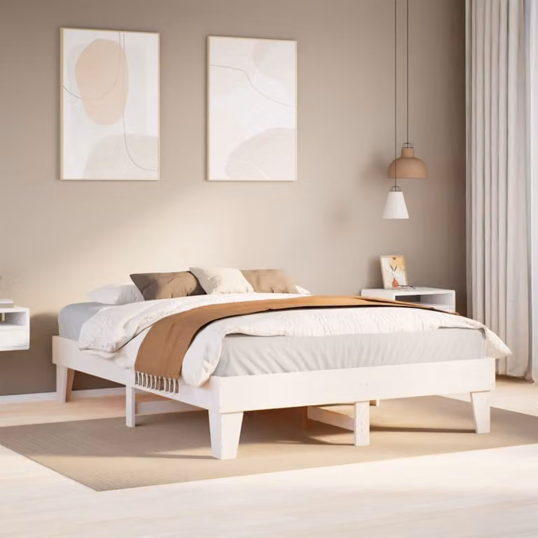 vidaXL Letto in Legno Massello di Pino Bianco con Doghe Fisse L/P/H: 140 x 200 x 143,5 cm