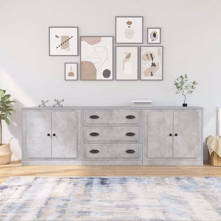 Set di 3 credenze vidaXL in legno multistrato e MDF, colore grigio cemento opaco, H: 76,5 cm, L: 210 cm, P: 35,5 cm