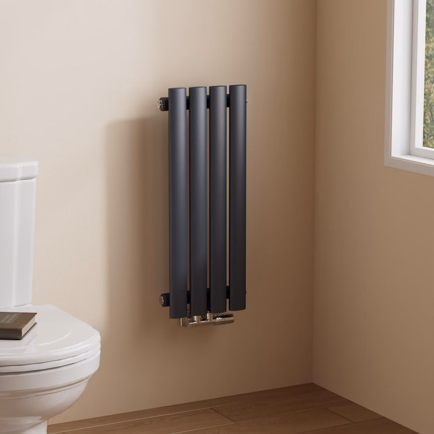 Radiatore tubolare di design EMKE per il funzionamento ad acqua calda Attacco medio Verticale Ovale monostrato 177 Watt 24cm x 60cm Antracite senza elemento riscaldante