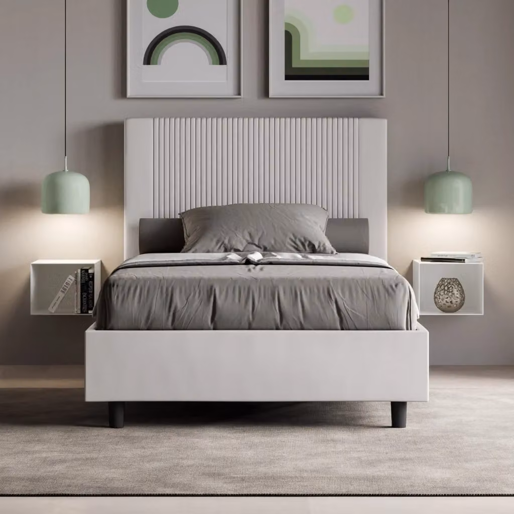 Letto Matrimoniale Moderno GIORDANOSHOP Bianco con Struttura Imbottita e Rivestimento a Righe L/P/H: 200 x 200 x 220 cm – 2