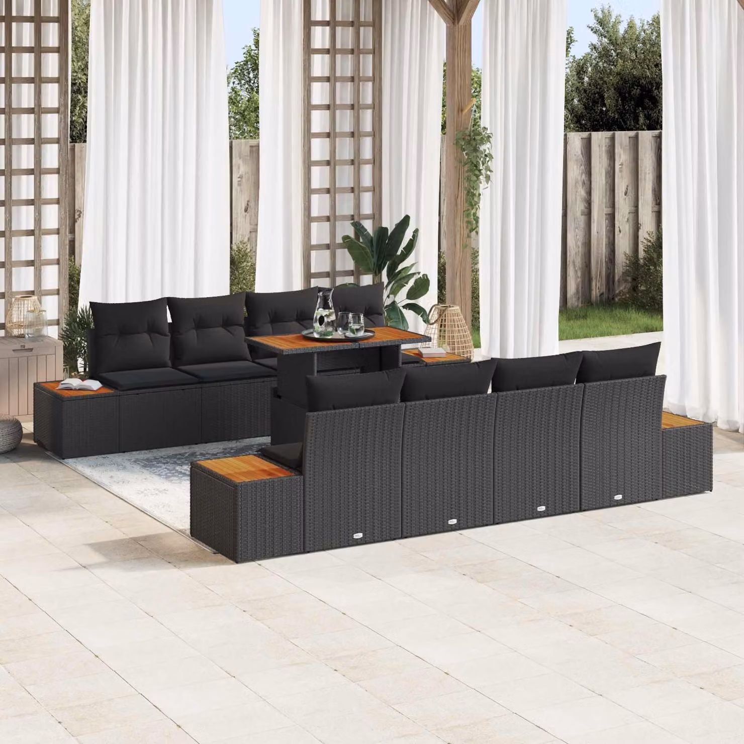 Set Divano da Giardino vidaXL 9 Pezzi a Forma di U in Poly Rattan Nero con Tavolino e Contenitore per Cuscini – 1