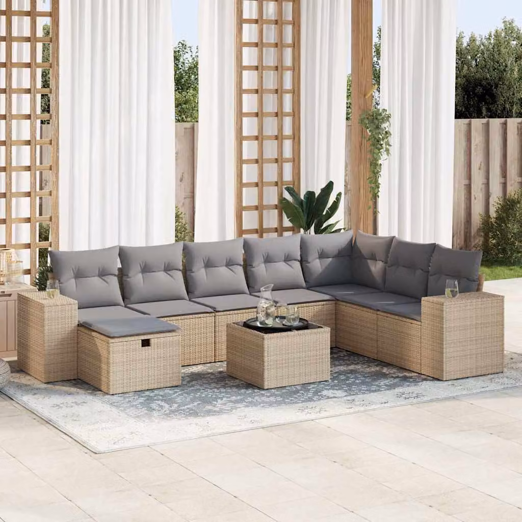 Set Divano da Giardino vidaXL 9 pz in Polyrattan con Cuscini Beige e Struttura in Acciaio, Design Moderno a L per Terrazza e Giardino