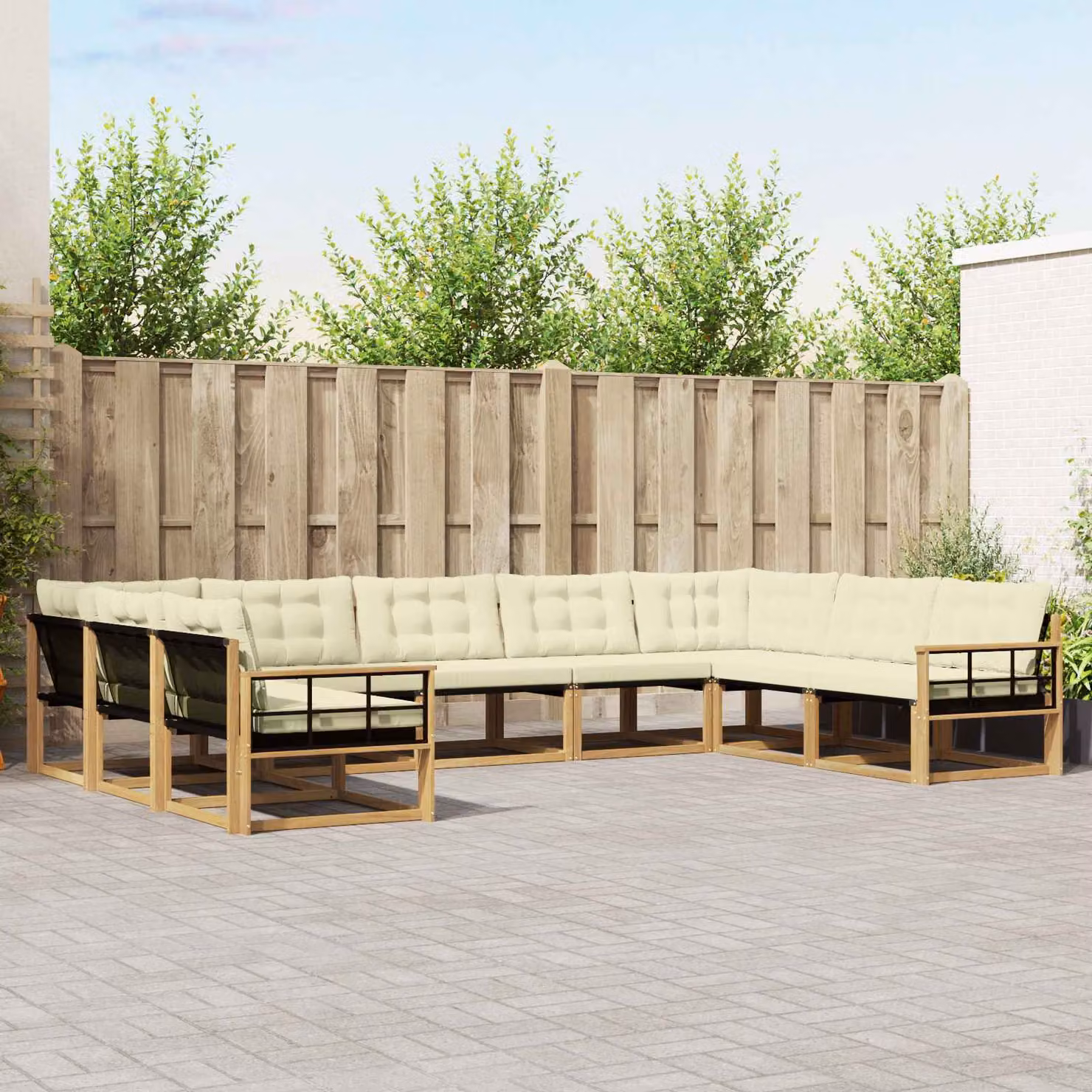 vidaXL Set di divani da esterno a forma di U composto da 9 pezzi in legno di acacia con cuscini in bianco, beige e marrone