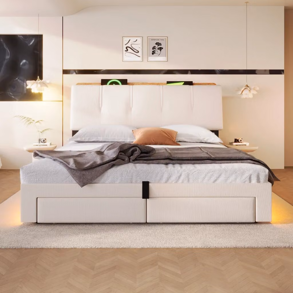 Letto contenitore moderno imbottito con vano idraulico, illuminazione LED e porte di ricarica USB e Type-C, colore beige, L 140 cm x P 200 cm – 2