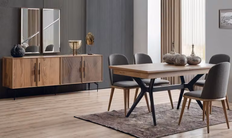 Set per sala da pranzo: tavolo da pranzo, 4 sedie, credenza. Design moderno ed elegante, alta qualità
