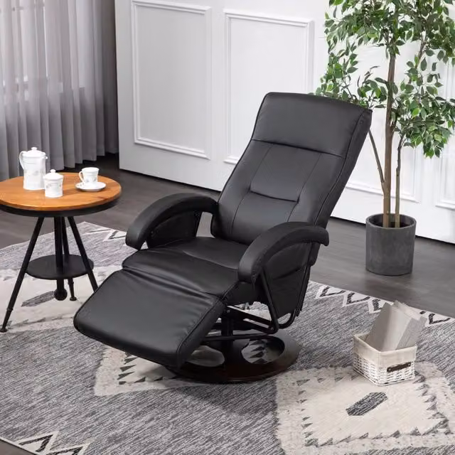 Poltrona relax 86x66x107 cm reclinabile e girevole in similpelle nera