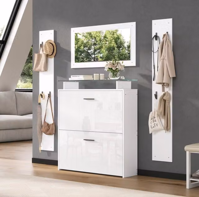 Set ingresso MODFU 4 pezzi con specchio e scarpiera, bianco opaco e vetro, L: 89,5 cm, P: 23 cm, H: 96,5 cm – 1