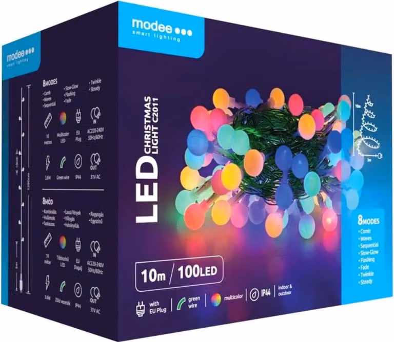 Ghirlanda di luci di 10 metri con 100 LED multicolore - 8 regolazioni - IP44