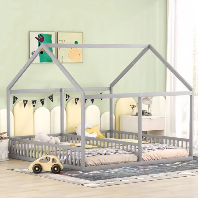 Letto per bambini 2 in 1 modello casa WISHDOR con sponde di sicurezza, grigio, L/P/H: 200 x 90 x 187 cm