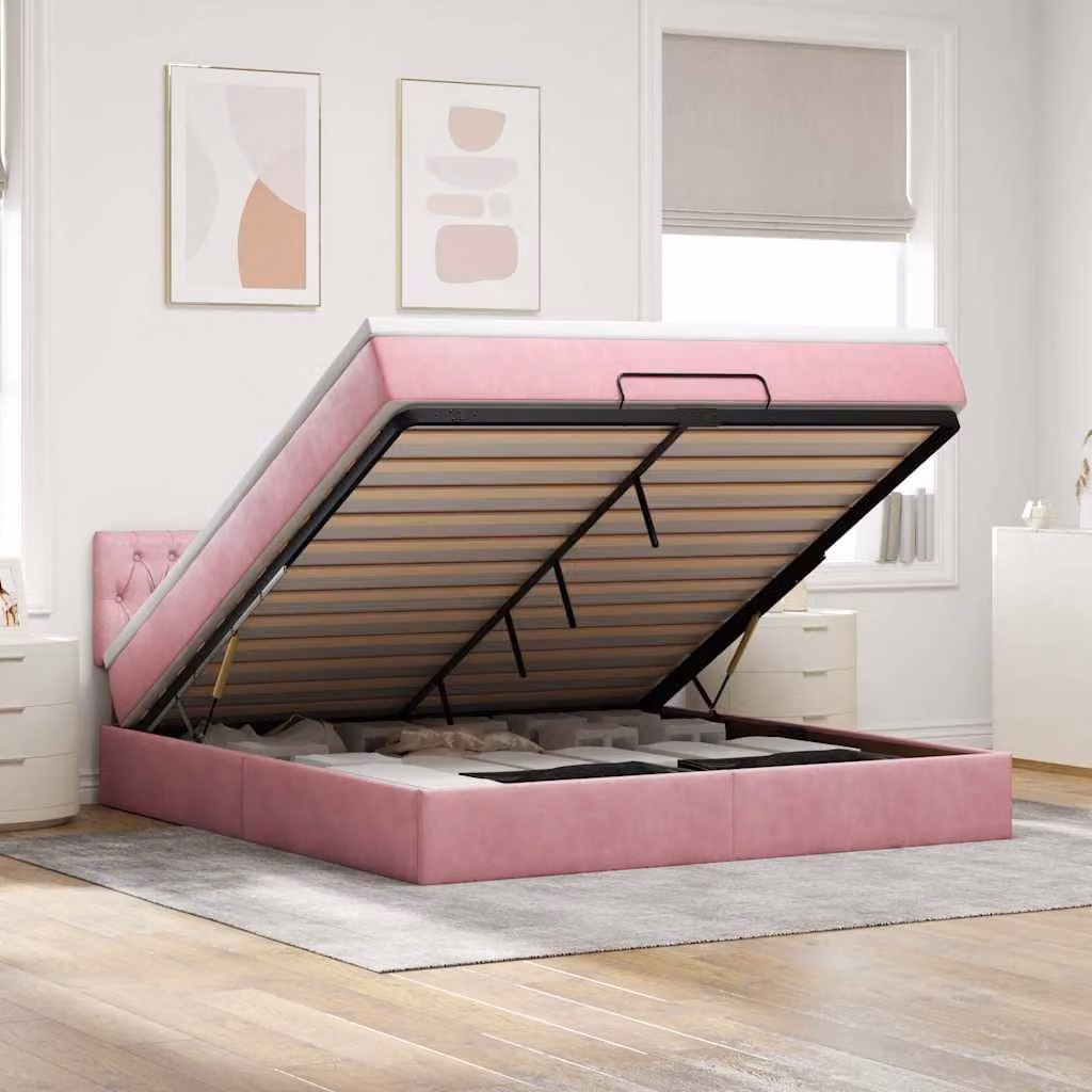 Letto con contenitore a sollevamento vidaXL in velluto rosa e bianco con materasso, L: 160 cm, P: 200 cm, H: 203 cm – 1