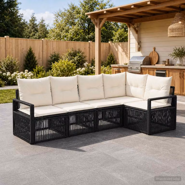 Set Divano da Giardino L-Shape vidaXL in Polyrattan Nero con Cuscini Imbottiti e Struttura in Acciaio