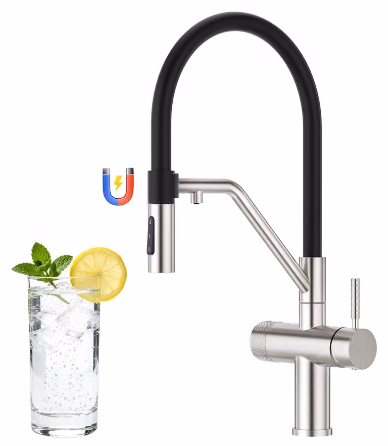 Miscelatore da cucina a 4 vie, con due manopole, e tubo in silicone nero