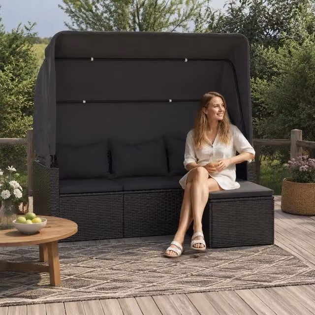 3-seater Garden Sofa With Canopy And Footstool, Black Poly Rattan