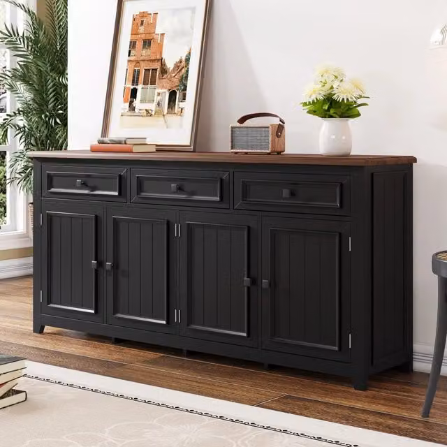 Desviae Credenza con tre cassetti e quattro ante in MDF nero con piano effetto legno per soggiorno 160 × 35 × 76 cm