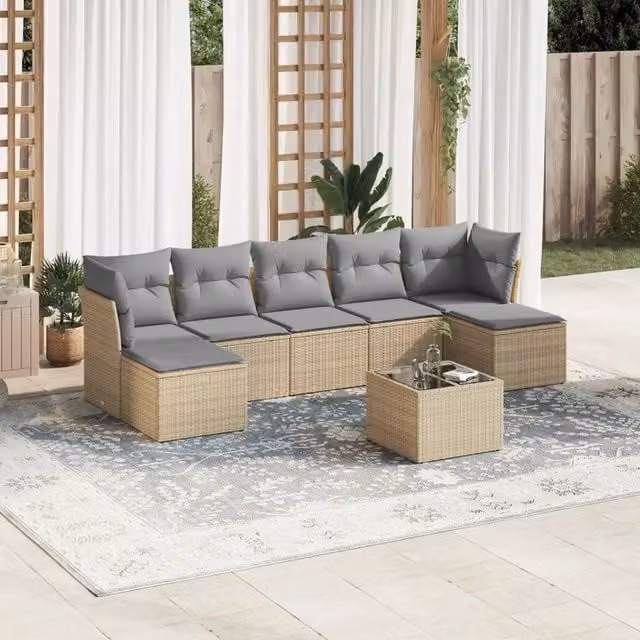 vidaXL Set Divano da Giardino a L 8 pz in Polyrattan con Cuscini Beige e Tavolino da Esterno – 1