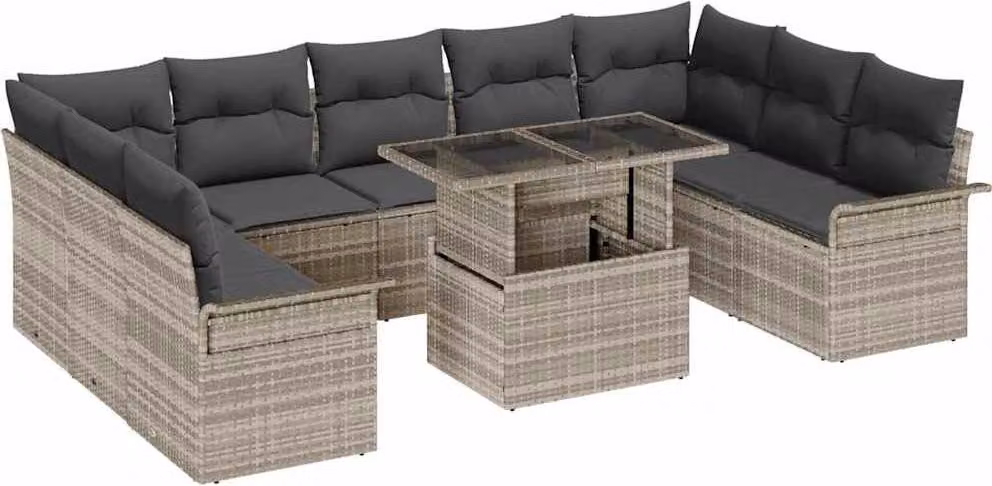 Set Divano da Giardino 10 pcs Grigio chiaro Poly Rattan
