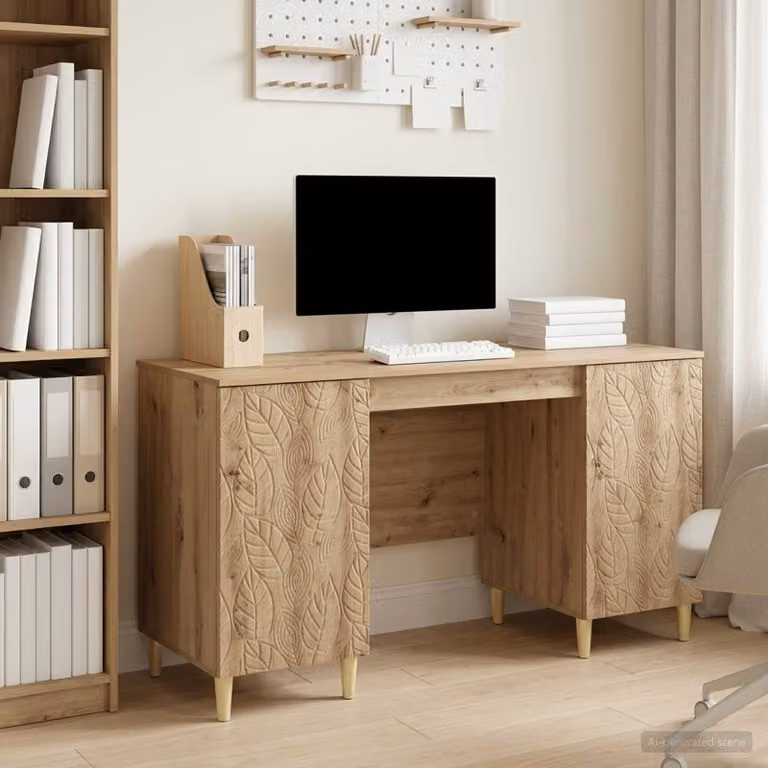 Scrivania moderna vidaXL in legno e MDF color rovere, L: 142,5 cm, P: 50 cm, H: 75 cm